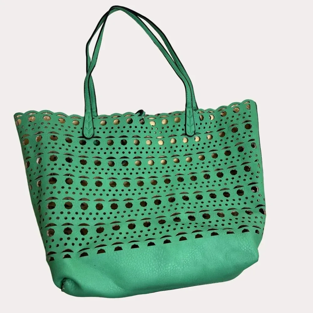 Reversible Double Handle Tote Purse Bag Cut Out Green